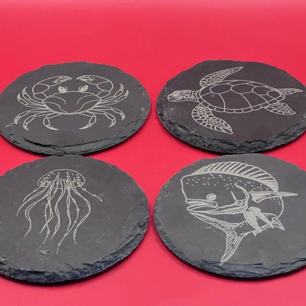 Black Laser Engraved Slate Sea Life Coasters Turtle, Dolphin, Crab and Jelly Fis